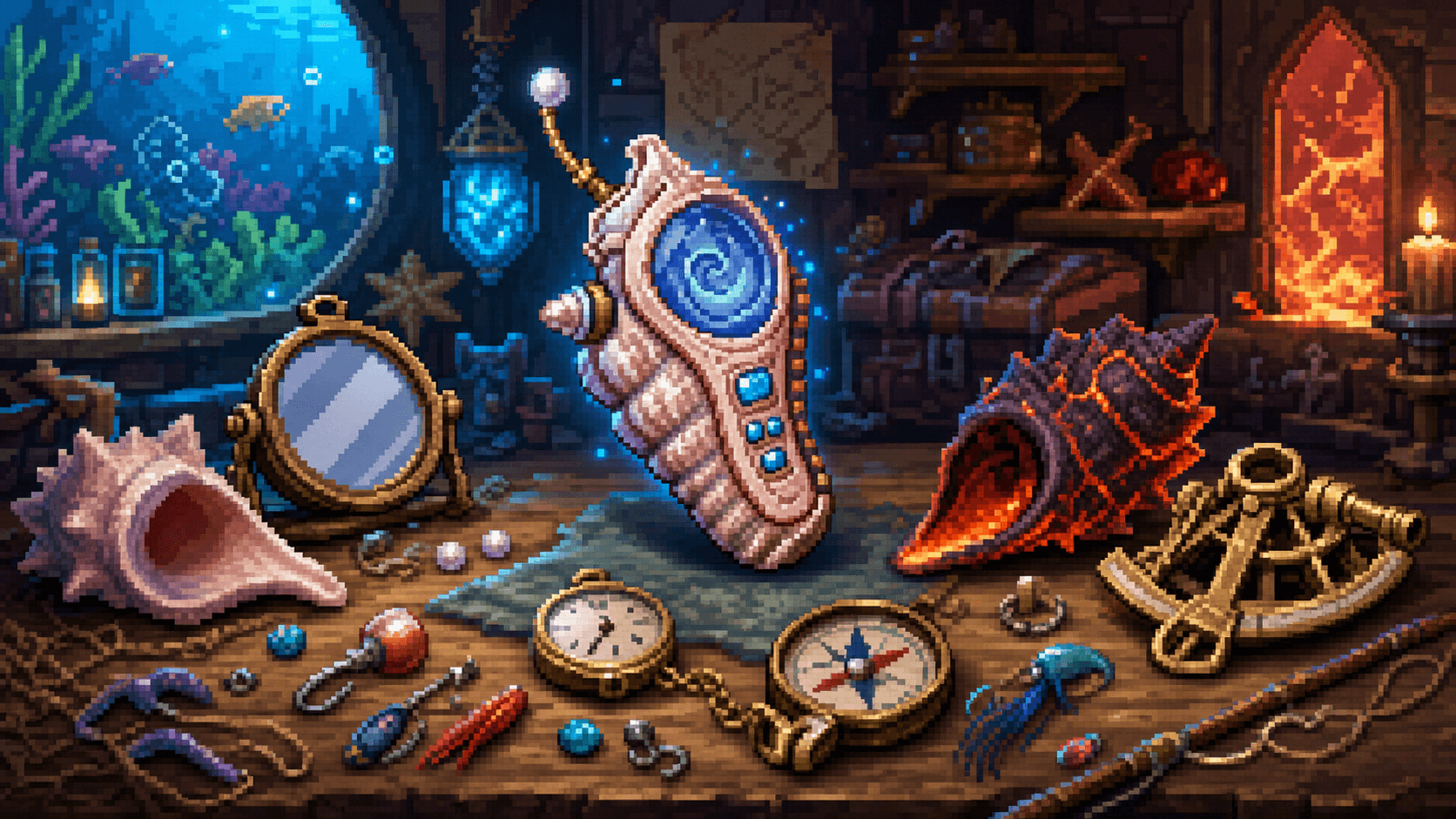 Terraria: Ракушкофон и компоненты крафта на столе с ракушками, зеркалом, компасом и секстантом