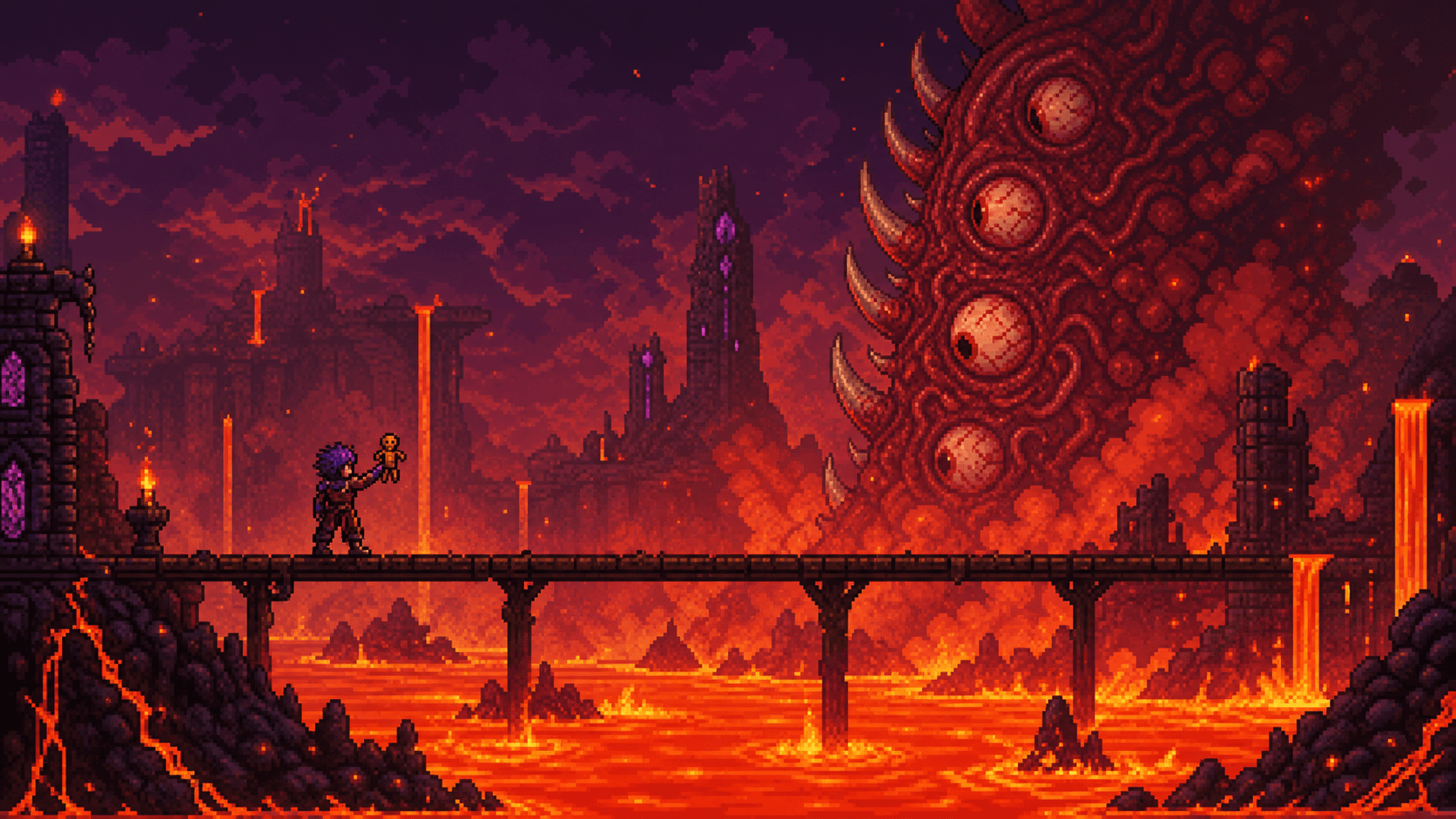 Terraria: персонаж с куклой вуду гида на платформе над лавой перед Стеной плоти