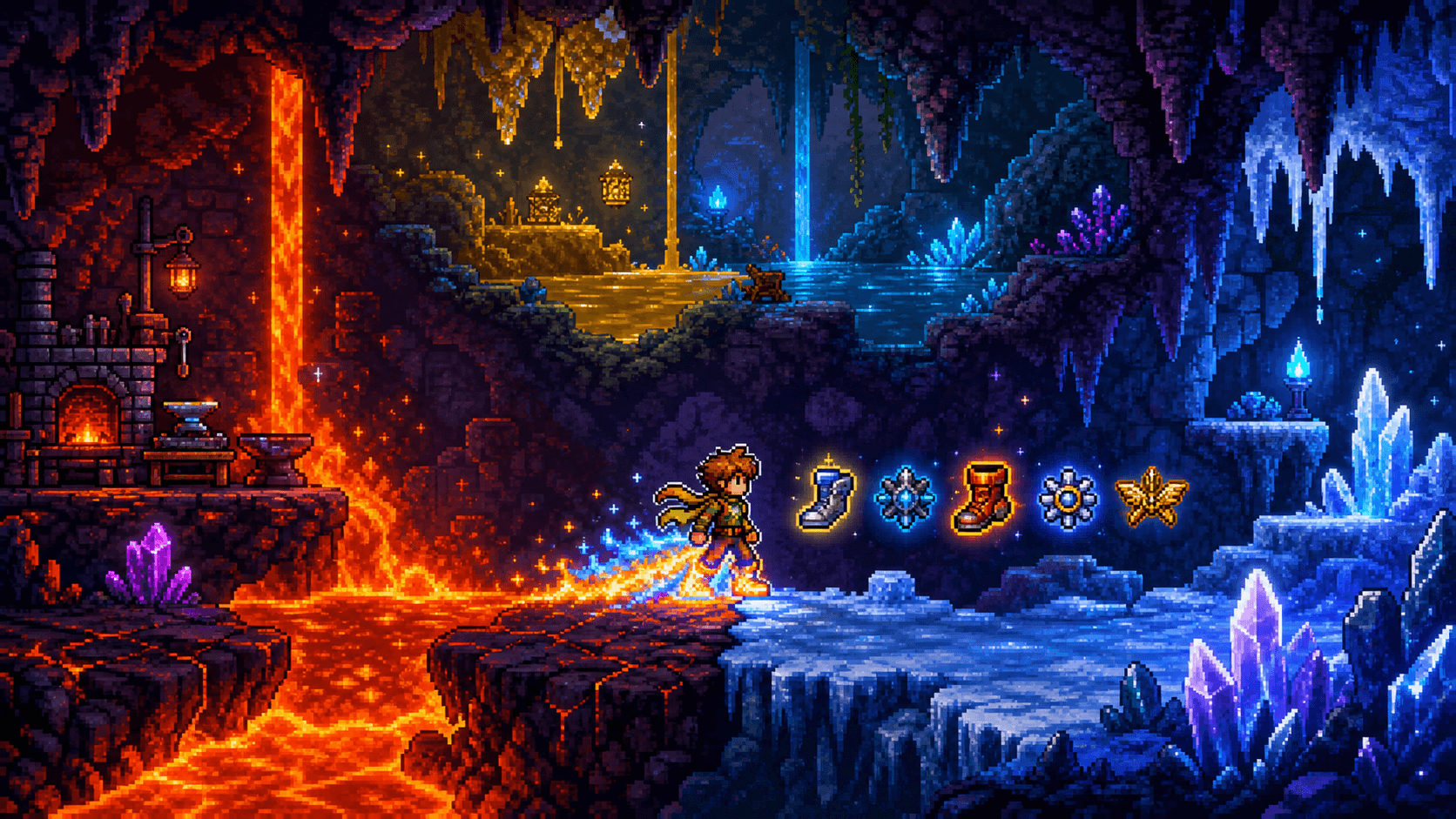 Terraria: персонаж в сапогах терра-искры между лавой и льдом