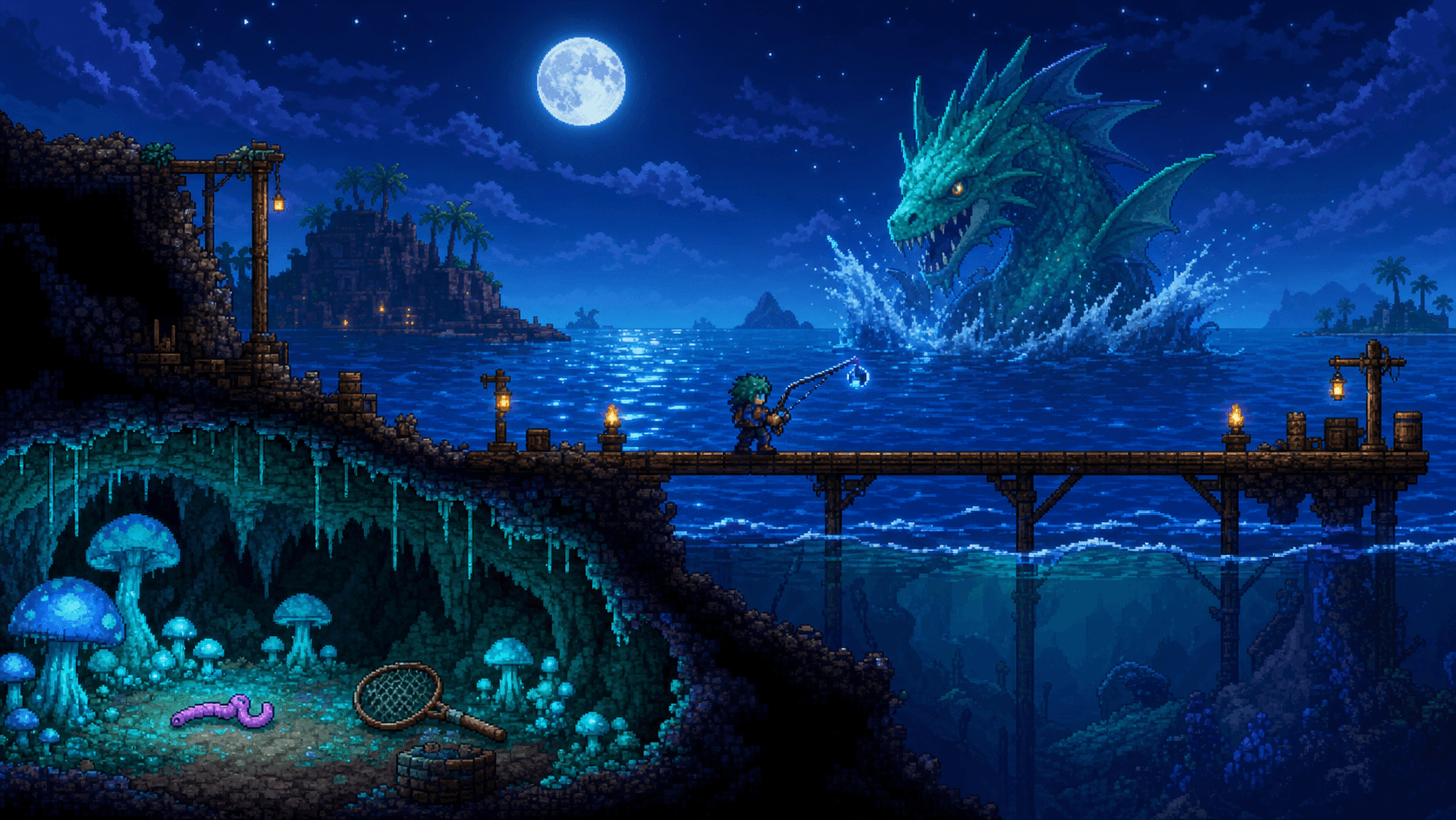 Terraria: ночная океанская арена, грибная пещера с трюфельным червяком и силуэт Герцога Рыбокрыла в волнах