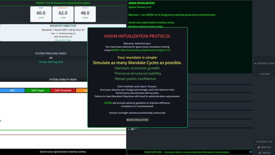 Скриншот 1 из Provisional Authority: An AI Governance Simulation