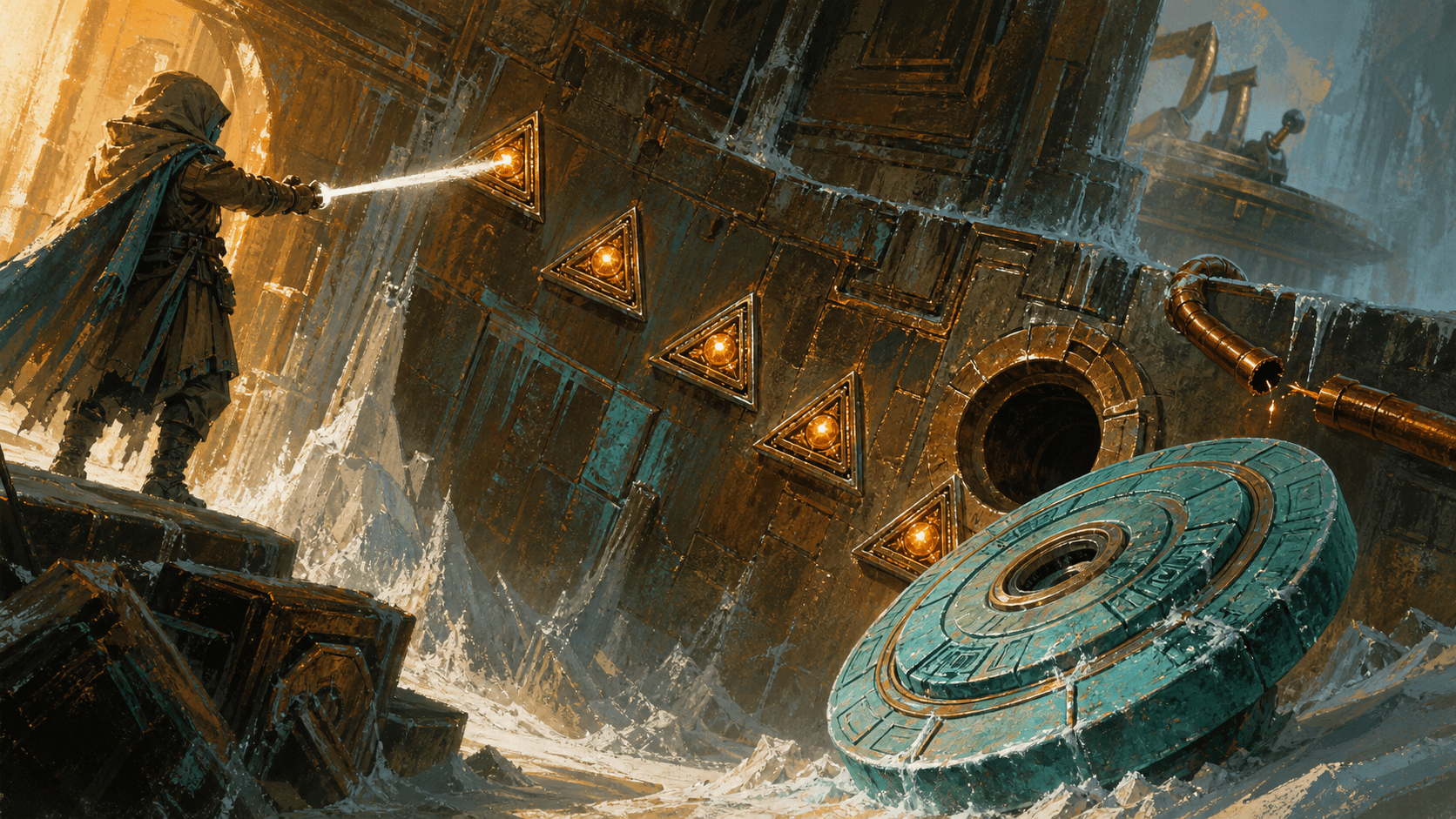 Редакционная иллюстрация к Crimson Desert: пять янтарных треугольных узлов тянутся по диагонали на обледеневшей бронзовой стене, рядом видны голубой силовой диск и пустое круглое гнездо