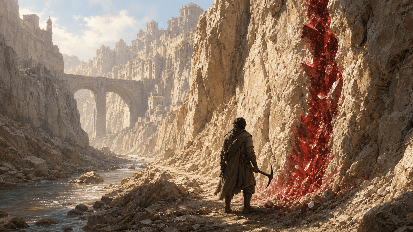 Герой с киркой перед красной рудной жилой в светлом овраге у реки в Crimson Desert