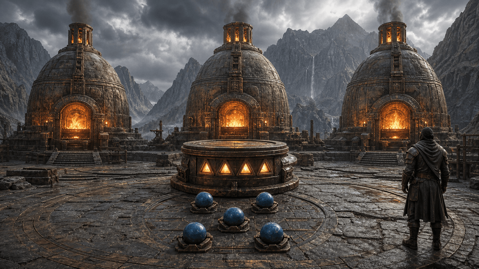 Редакционная иллюстрация к Crimson Desert: древний кольцевой генератор, три каменные печи и пять синих сфер топлива в мастерской Килндена