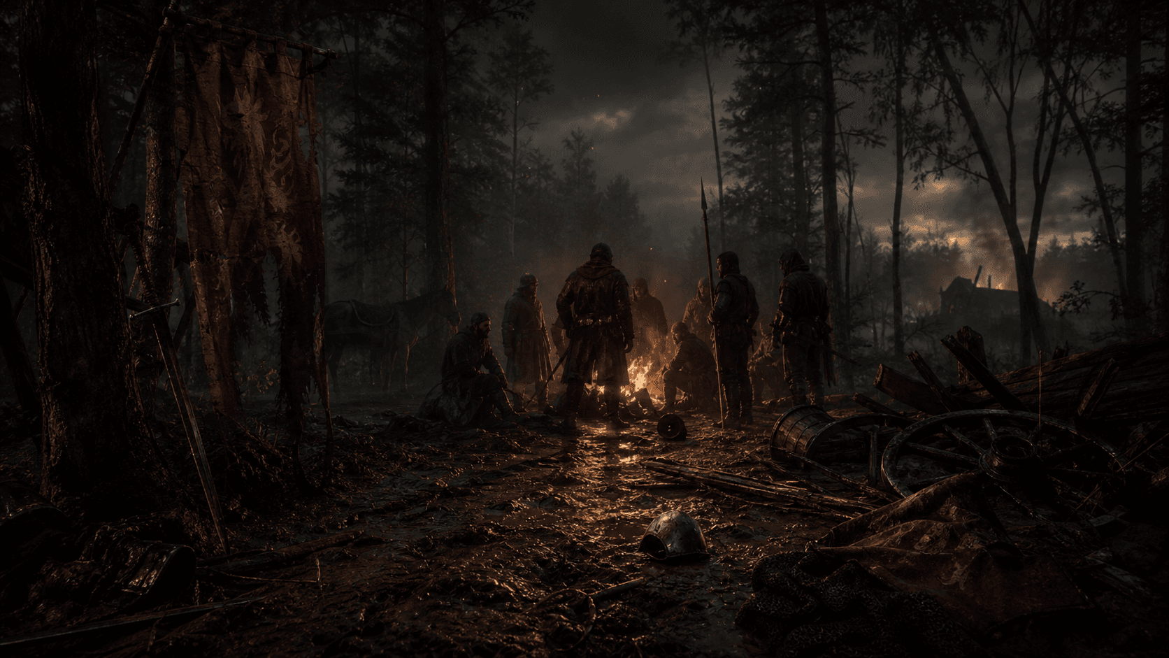 Kingdom Come: Deliverance II: ночной лагерь Сухого Черта и факелы в лесу
