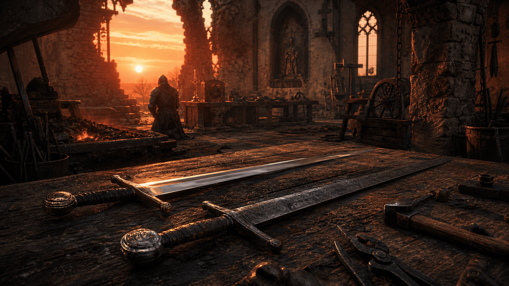 Kingdom Come: Deliverance II: длинный меч Искупитель на каменном полу у кузницы