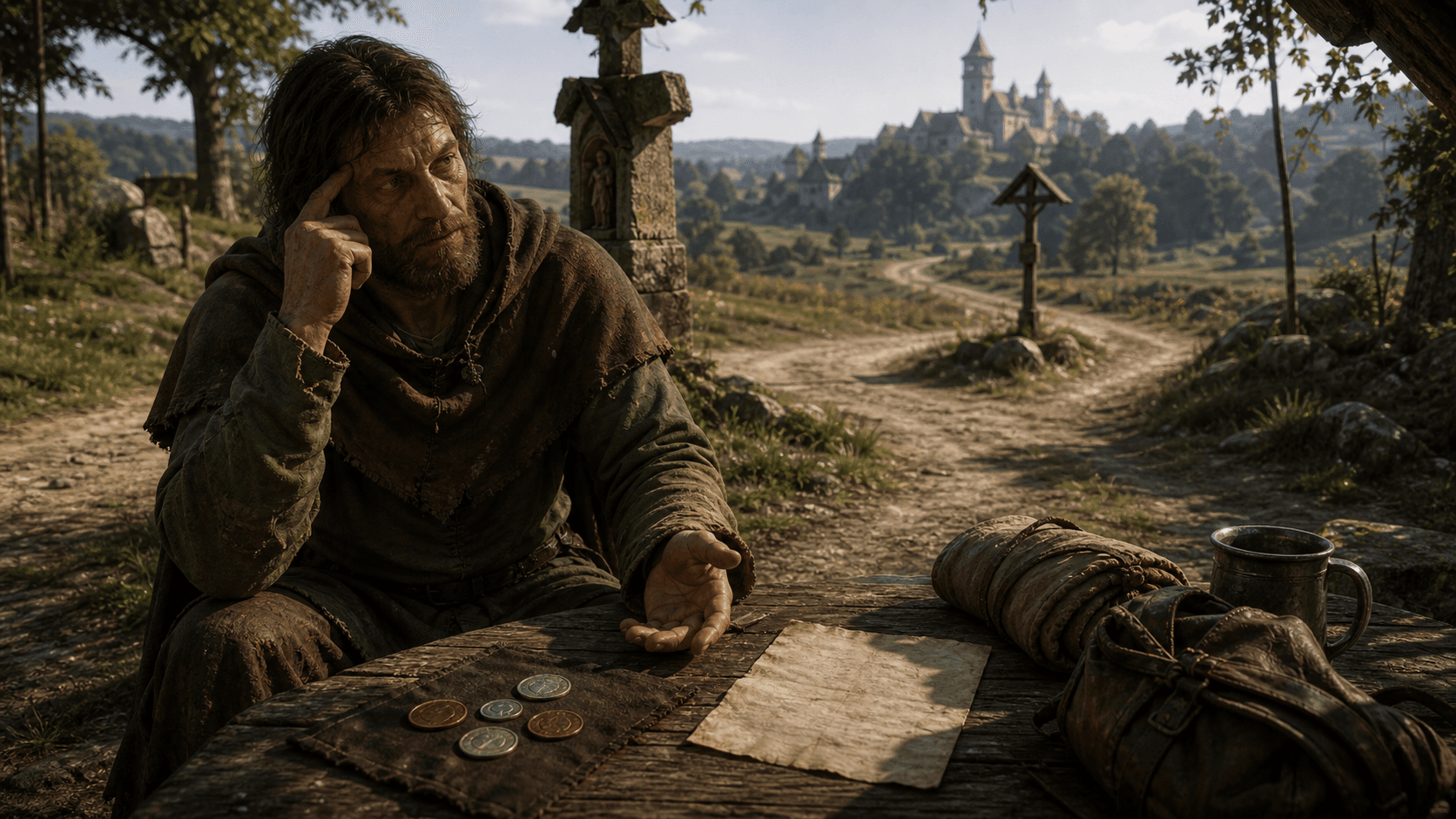 Kingdom Come: Deliverance II: странник Вотруба на дороге, монеты и загадки