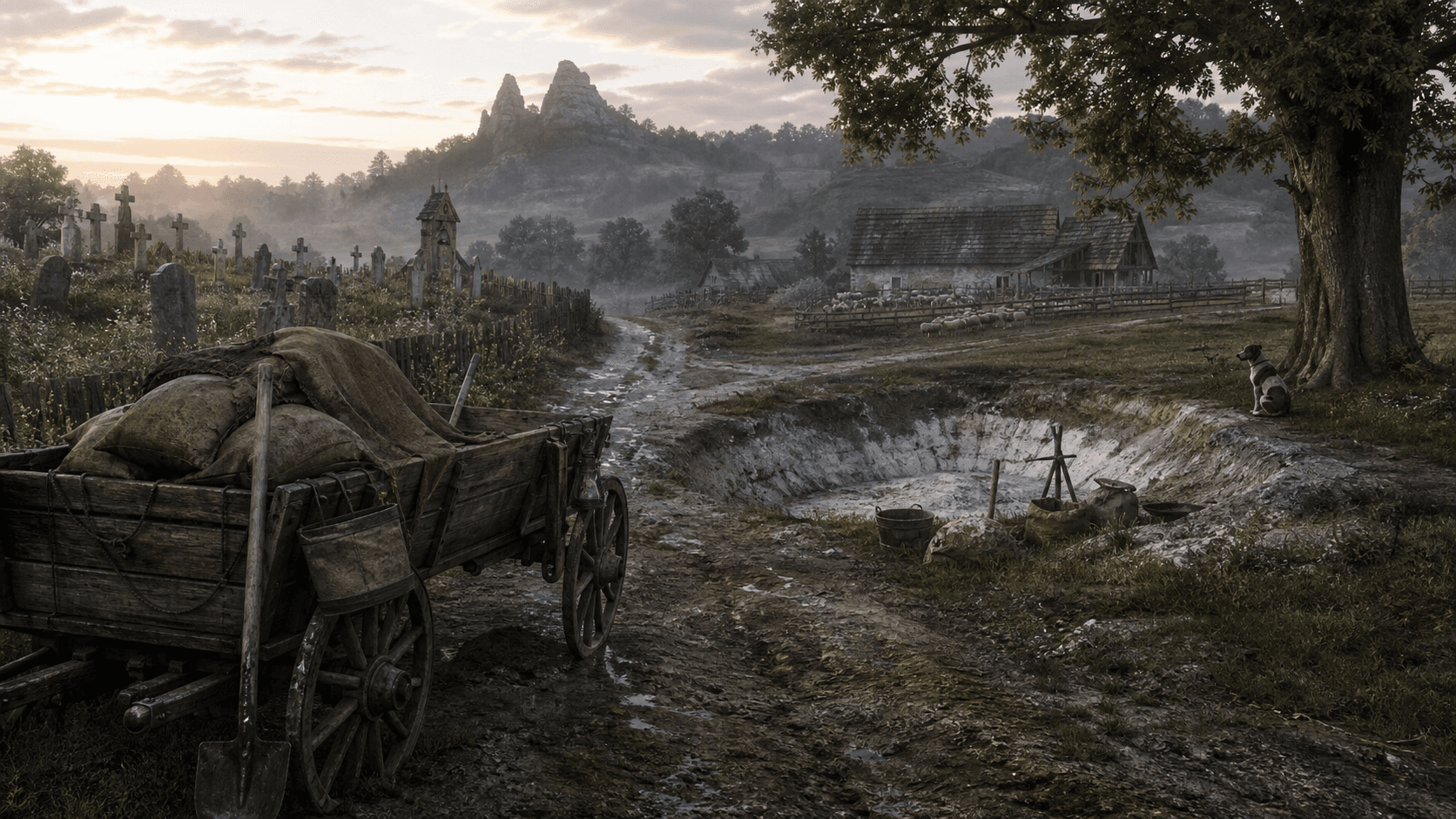 Kingdom Come: Deliverance II: повозка могильщика у селитряной ямы на дороге